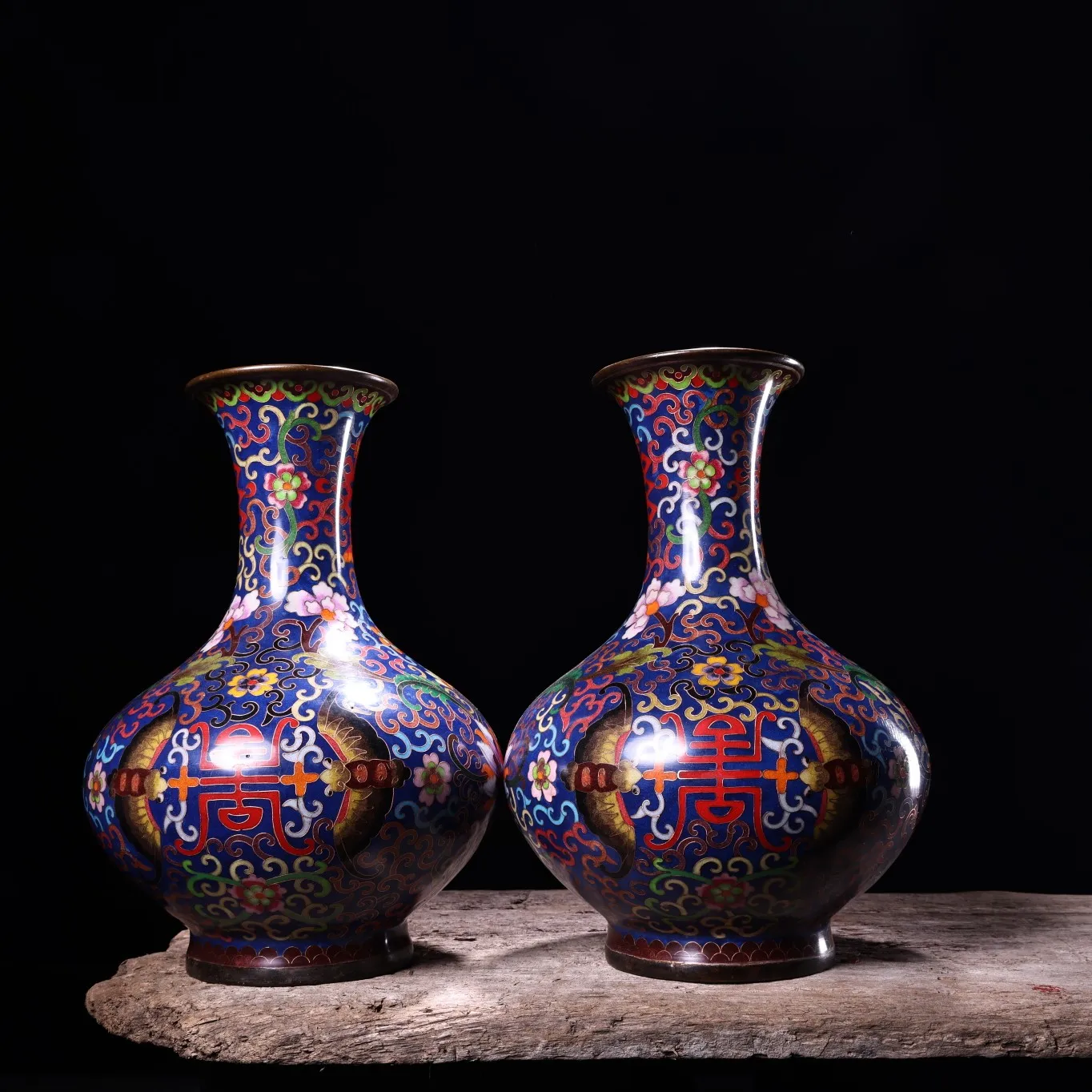 

13"Tibetan Temple Collection Old Bronze Cloisonne Enamel Bat Flower Texture Longevity Bottle Vase A pair Ornaments Town house