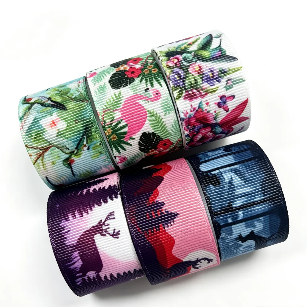 50yards Tropical Animal Printed Grosgrain Ribbon Hummingbird Flamingo Deer Forest Pattern Ribbon for Jungle Theme Party Decor