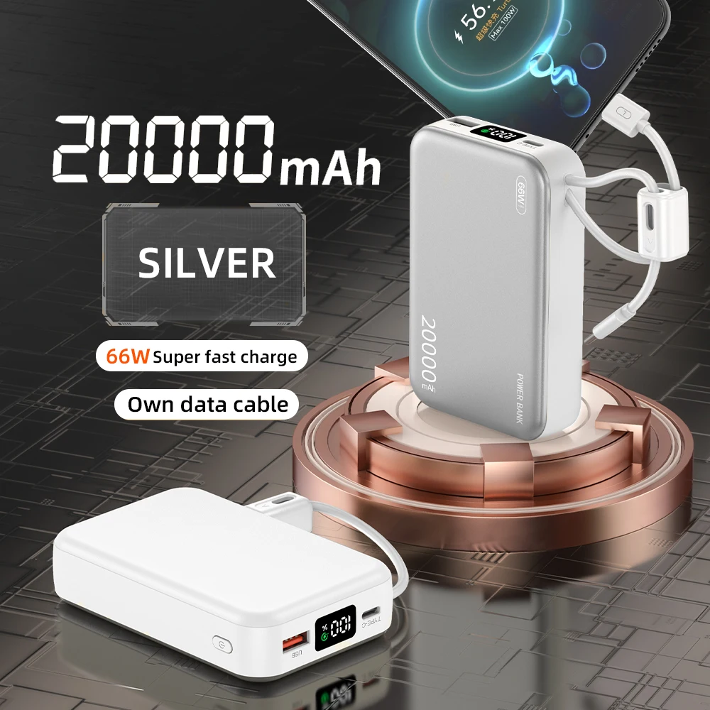 

20000mAh Power Bank For iOS 13 14 15 Xiaomi Huawei Fast Charging With 2 Cables Digital Display Powerbank Rechargeable Batteries