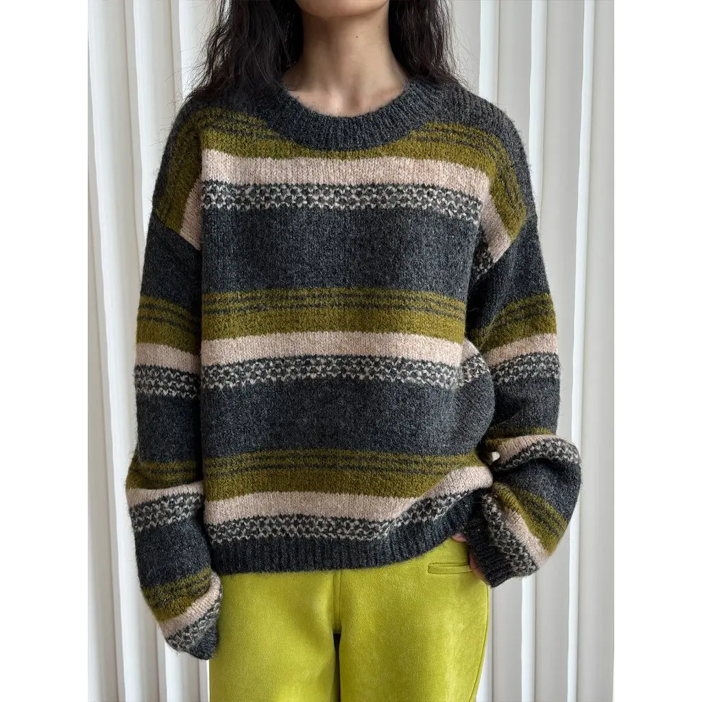 

Lou Fu Women's Korean Style Striped Wool Sweater Early Spring Fashionable Lazy Casual Pullover Top