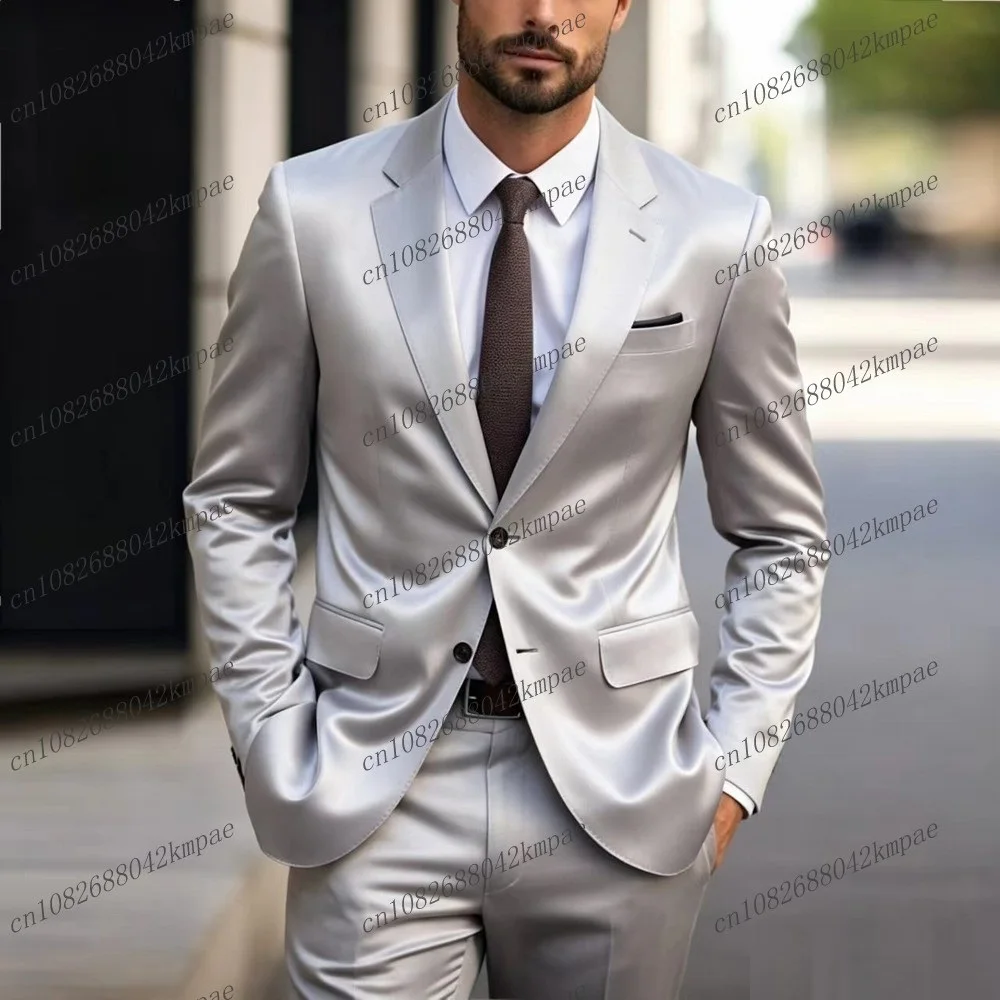 Traje Formal para Hombre en Satén Acetato Brillante Gris Claro, Traje de Novio, Padrino de Boda, Fiesta, Graduación, Negocios, Esmoquin Masculino de 2 Piezas, Blazer y Pantalones
