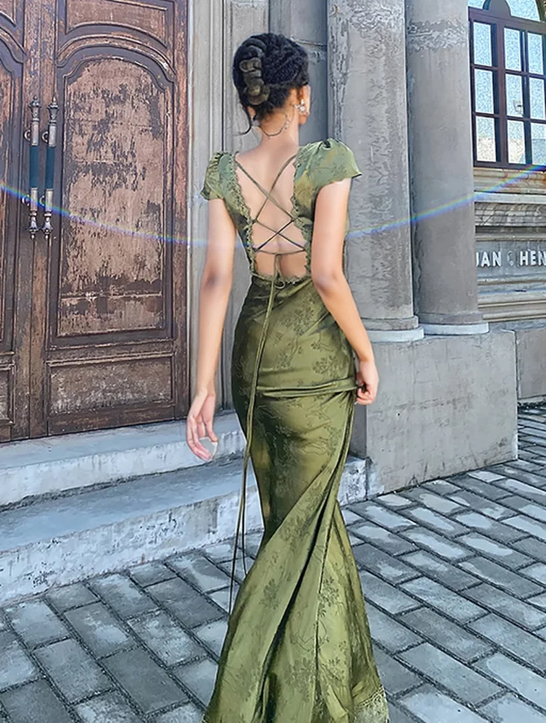 2025 夏の女性のロングドレスターコイズグリーン V ネックバックレスレースサテンジャカードスリムシックエレガントなイブニングパーティーセクシーなドレス