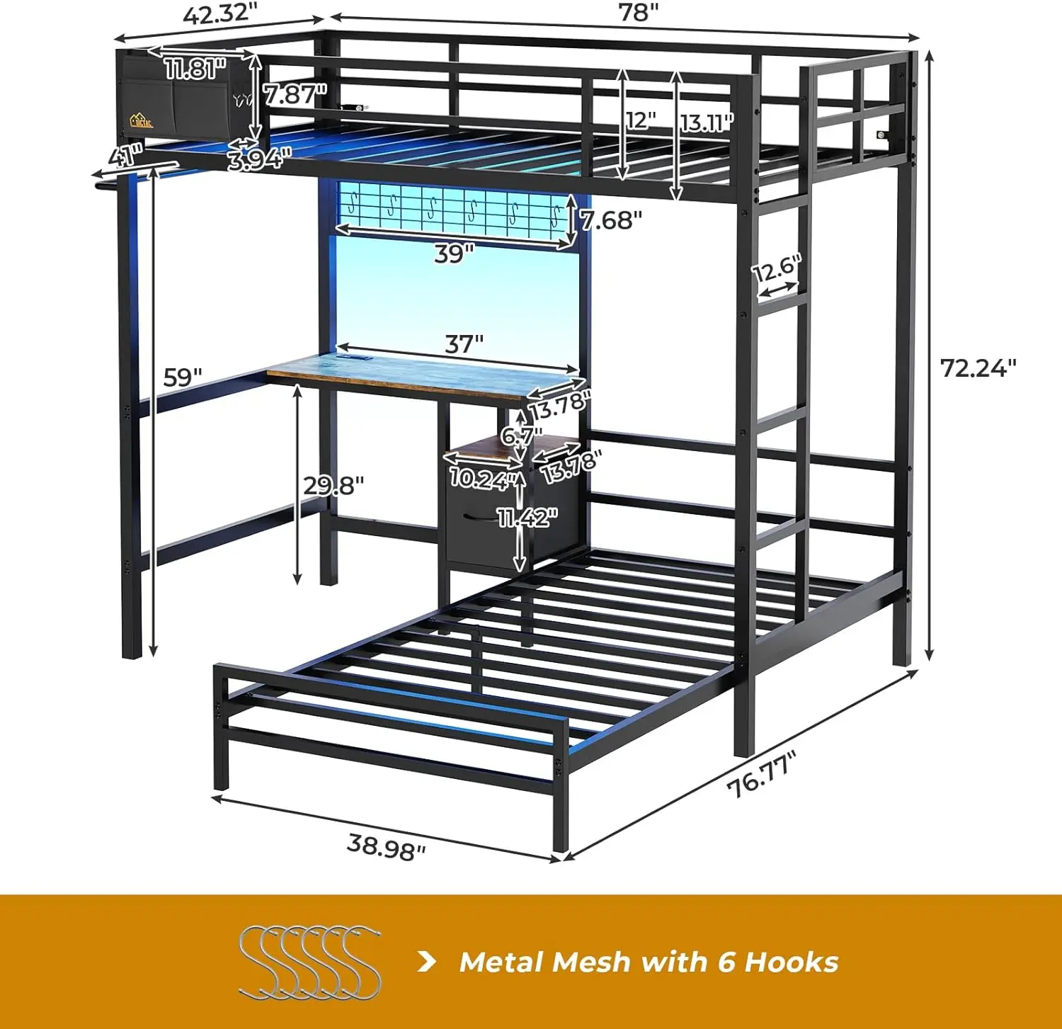 Twin Size with Desk and Charging Station L-Shaped Metal Bunk Bed withLightsLoft Bed for Teen,Safety Guardrail and Ladder,Black