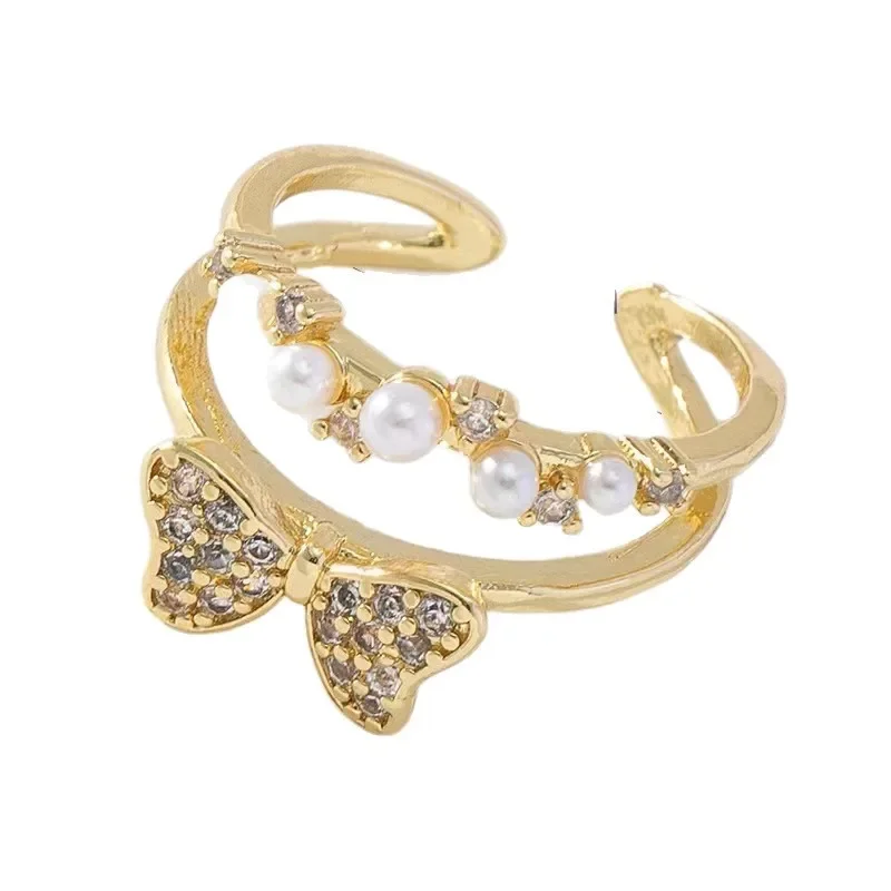 Кольцо в европейском и американском стиле, женское кольцо с жемчугом и бантом, женское легкое роскошное и высококачественное, универсальное кольцо