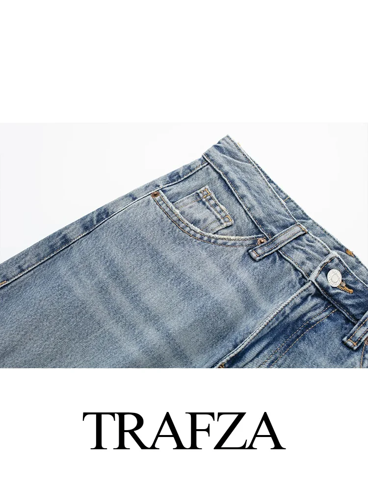 TRAFZA New 2024 Fashion Female Offiice Women Loose Straight Pants Lady With Pocket Trousers Casual Lace up Wide Leg Baggy Jeans