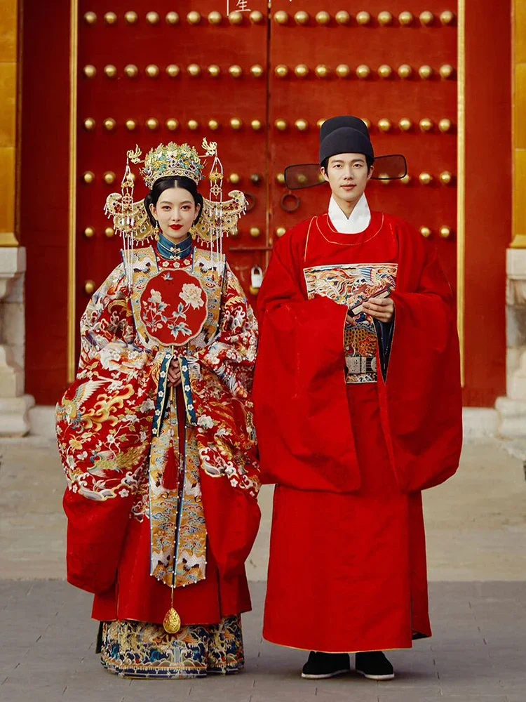 Hanfu ชุดแต่งงานแบบใหม่2024สำหรับผู้ชายและผู้หญิงชุดแต่งงานแบบจีนอุตสาหกรรมหนัก