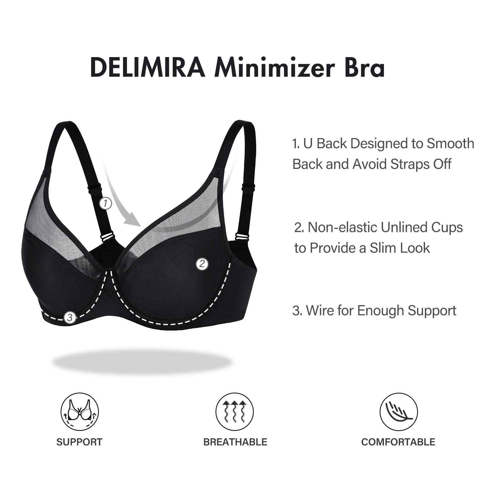 DELIMIRA Women\'s Minimizer Plus Size Full Coverage Sheer Underwire Unlined Bra