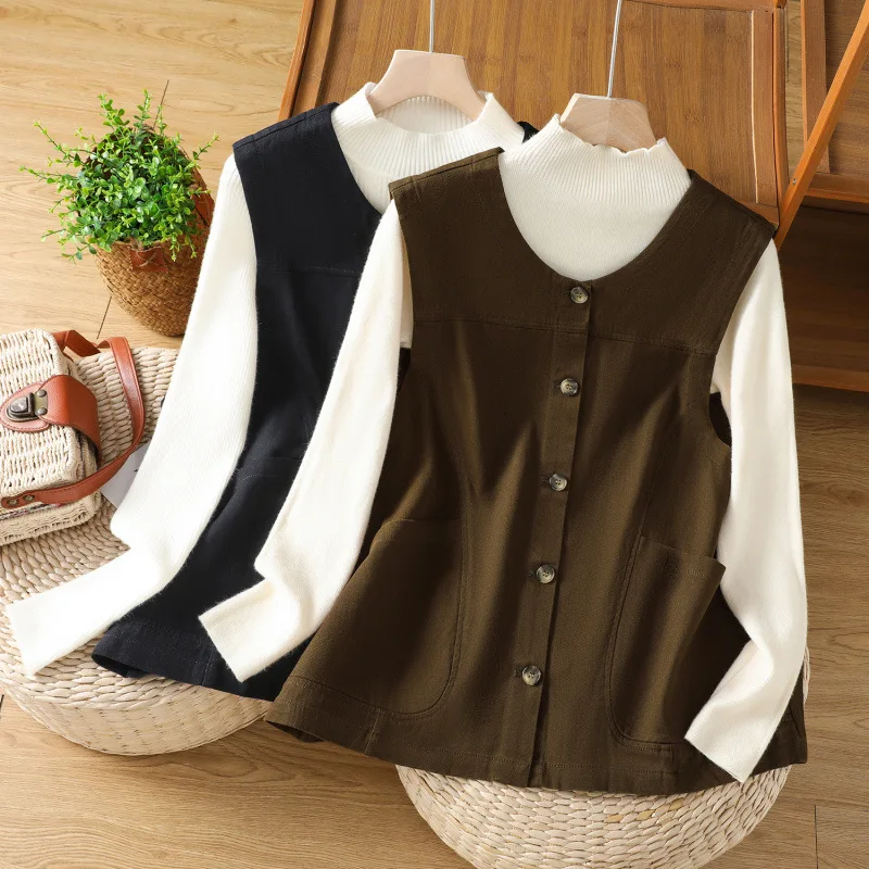 

Vintage Harajuku Sleeveless Vest Coat Women Cooffe O-neck Button Down Waistcoat With Patch Pockets Retro Preppy Casual Outerwear