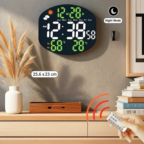 Weather Station Large Digital Wall Clock TEMP Humidity Date Week Night Mode Table Clock 2 Alarm 12/24H USB LED Alarm Clock