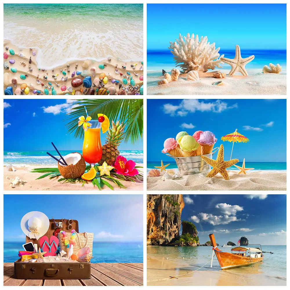 

MOON.QG Summer Beach Party Background Tropical Coconut Tree Blue Ocean Backdrop Boat Sand Wave Holiday Decorations Photo Booth