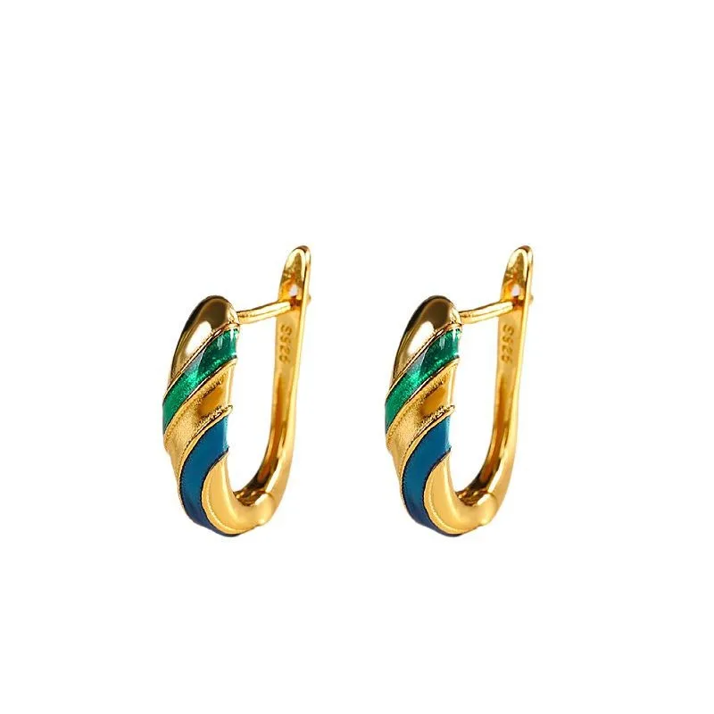 

Uglyless Plated Gold Green Blue Stripes Hoop Earrings for Women Simple Fashion French Elegant Dress Jewelry 925 Silver Brincos