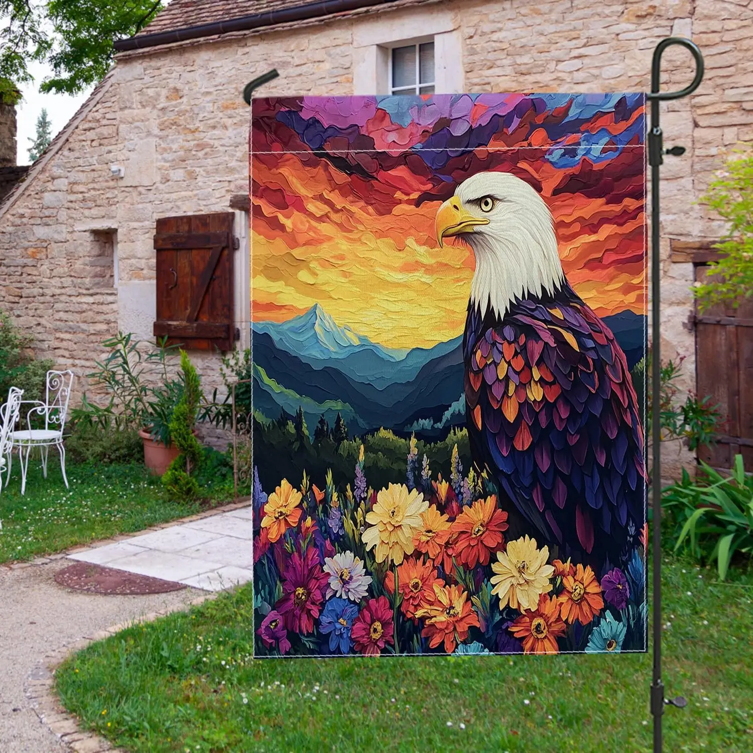 Floral Flower Eagle Front Yard Backyard Burlap Garden Flags 12x18 Double Sided for Outside, Mountain Forest Scene Hawks Smal LLX