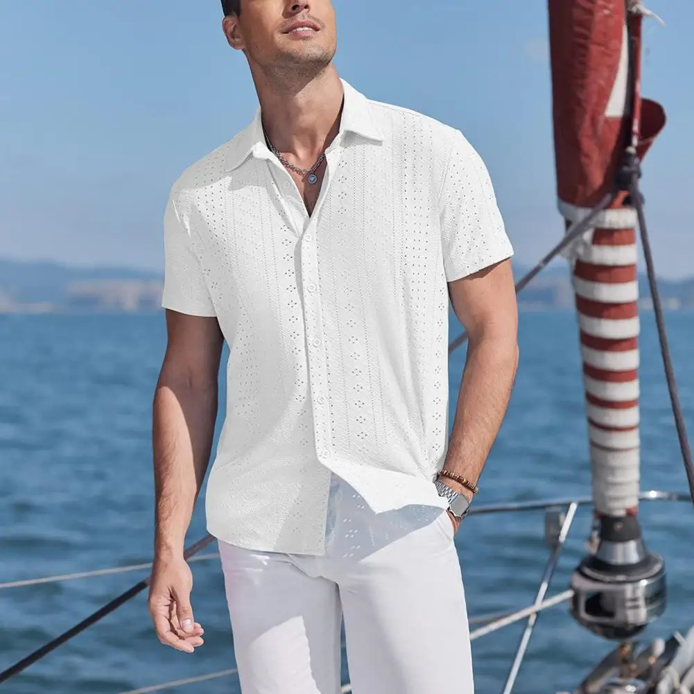 Men Summer Shirt Turn-down Collar Short Sleeves Hollow Out Breathable Buttons Single-breasted Mid Length Vacation Beach Tops