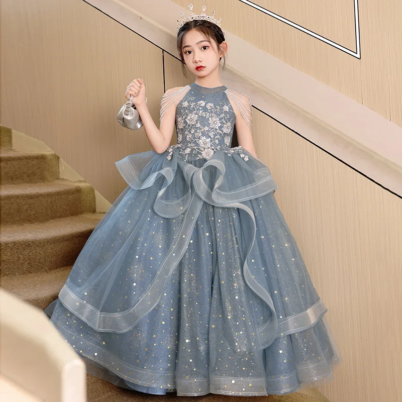 

Luxurious blue Flower Sequin bead halter Sleeveless girl Dresses kids dance party dress For Weding Birthday Banquet Long Gown