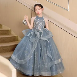 Luxurious blue Flower Sequin bead halter Sleeveless girl Dresses kids dance party dress For Weding Birthday Banquet Long Gown