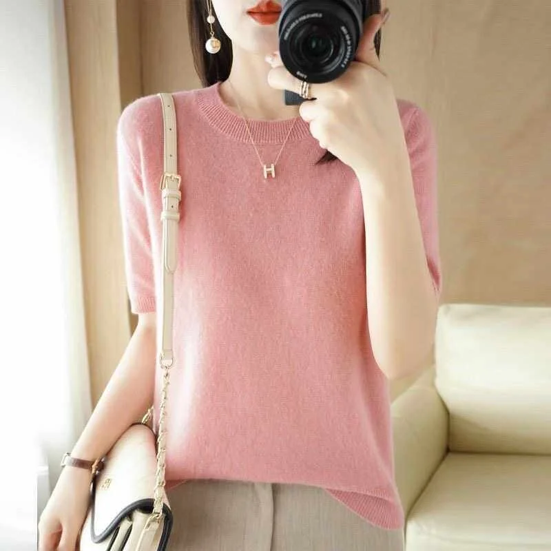 

Loose Women's Knitted Short Sleeve Sweater round Neck Pullover Spring Autumn Comfortable Breathable Casual Fashion Basic Top