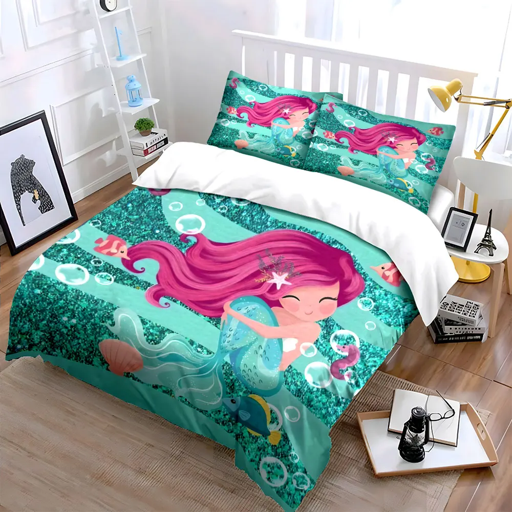 Mermaid Theme Decorative Set Bedding Set with 1 Duvet Cover 2 Pillowcases Single Double King Queen, Gift