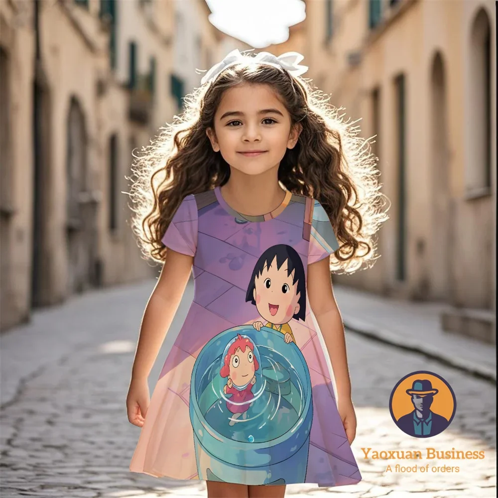 فستان أنيق مطبوع عليه رسوم كارتونية ثلاثية الأبعاد للفتيات من Ponyo لعام 2025، فستان صيفي لطيف ورائع جدًا ​