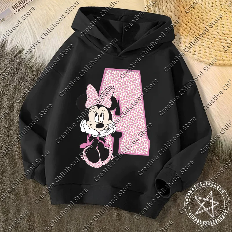 Children Minnie Hoodies Disney Letter Abcd Sweatshirts Kawaii Pullover Anime Cartoons Girls Boy Kids Casual Clothes Fashion Tops