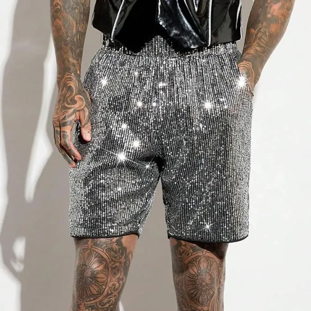 

Men Casual Shorts Mid-rise Elastic Waist Knee Length Shorts with Pockets Shiny Sequins Loose Fit Shorts