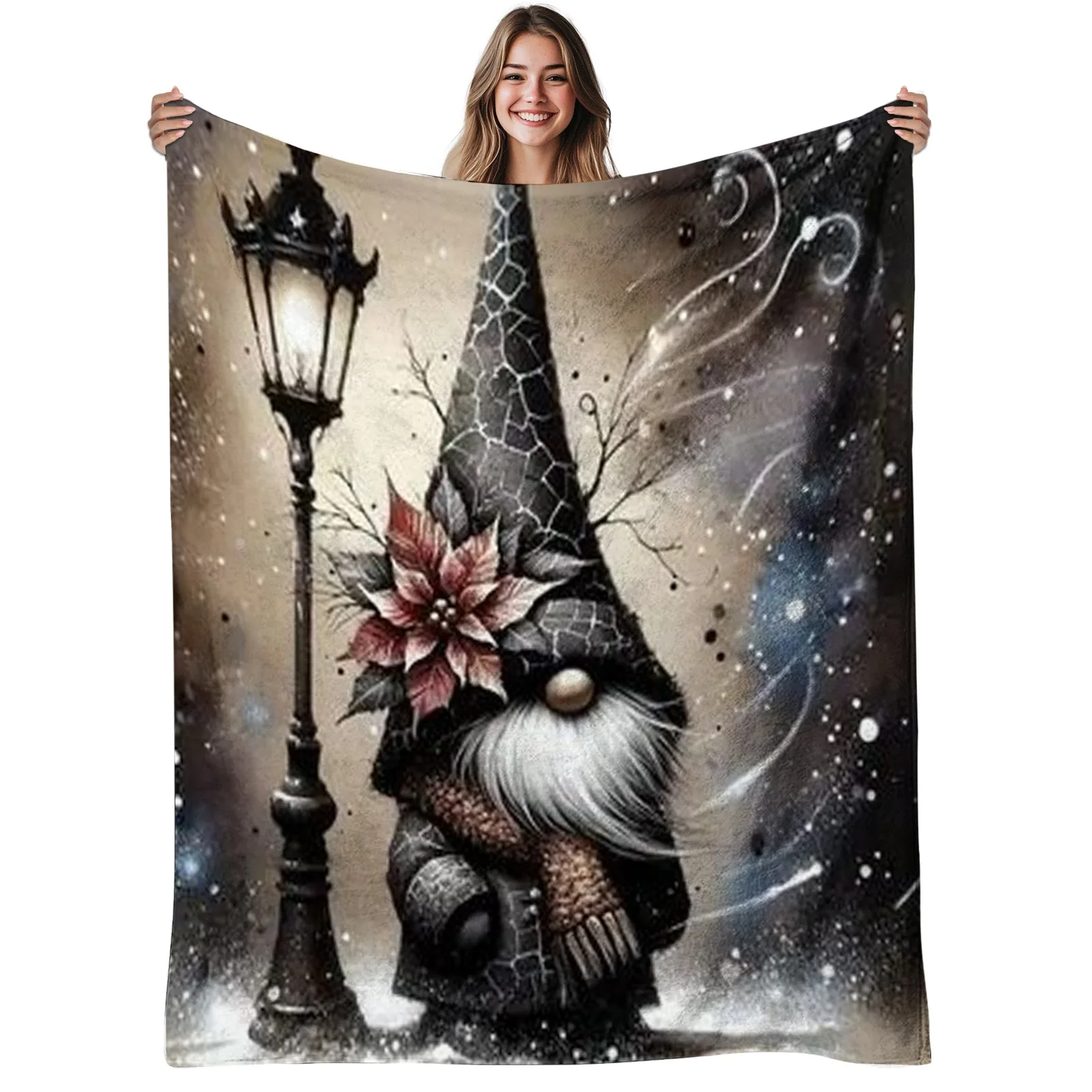 Monochrome Winter Forest Gnome Heart Lantern Graphic Throw Blanket Vintage Snowy Woodland Print Indoor Bed Sofa Decor Cover