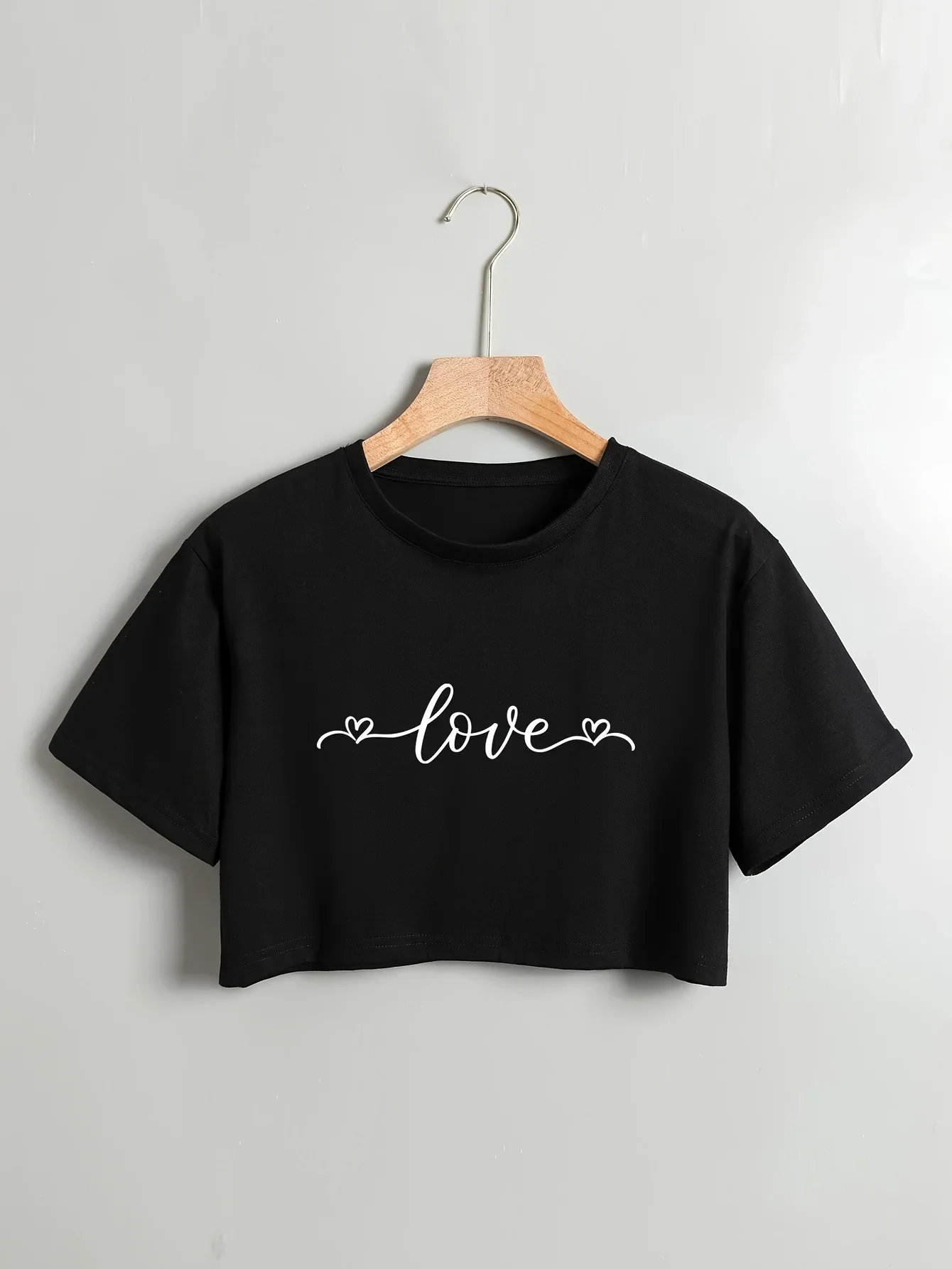 Letter Print Crew Neck Pullover T-Shirt Casual Short Sleeve Crop T-Shirt for Every Day Women's Clothing