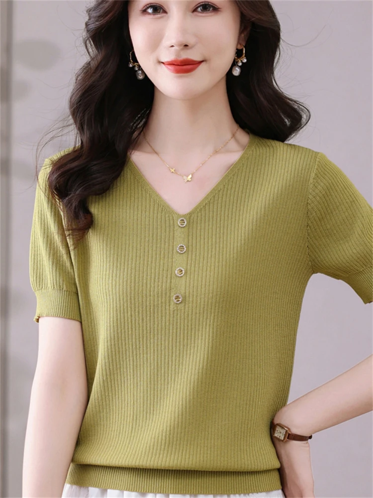 

Летний новый трикотажный топ из ледяного шелка с V-образным вырезом, однотонный, эластичный, свободного кроя, тонкий, для женщин