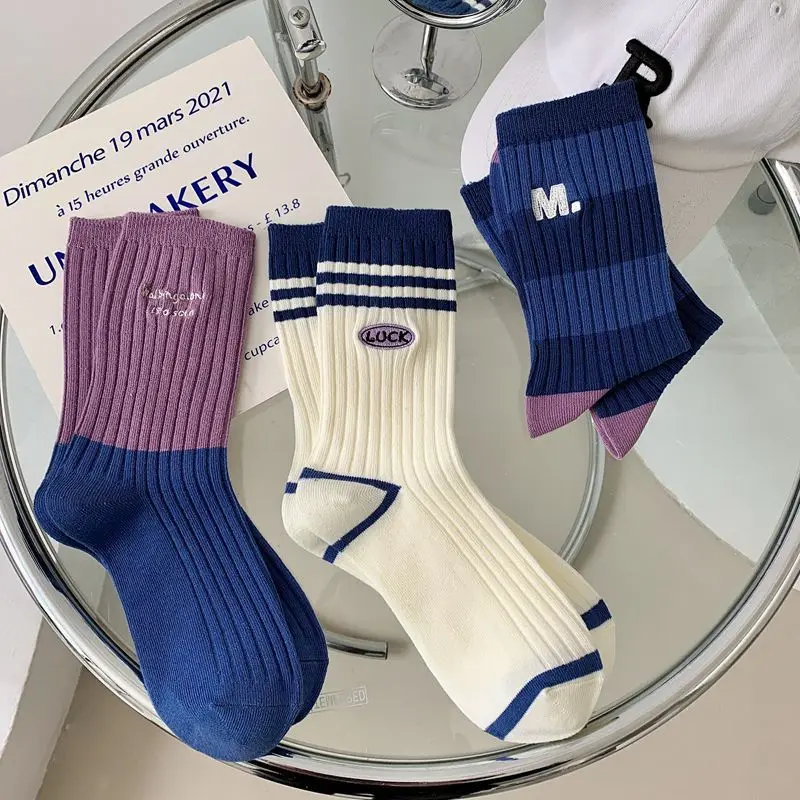 Socks for Women Spring New Cotton Casual Blue Purple Sock Girls Trendy Breathable Middle Tube Sox Japanese Style 10 Pairs