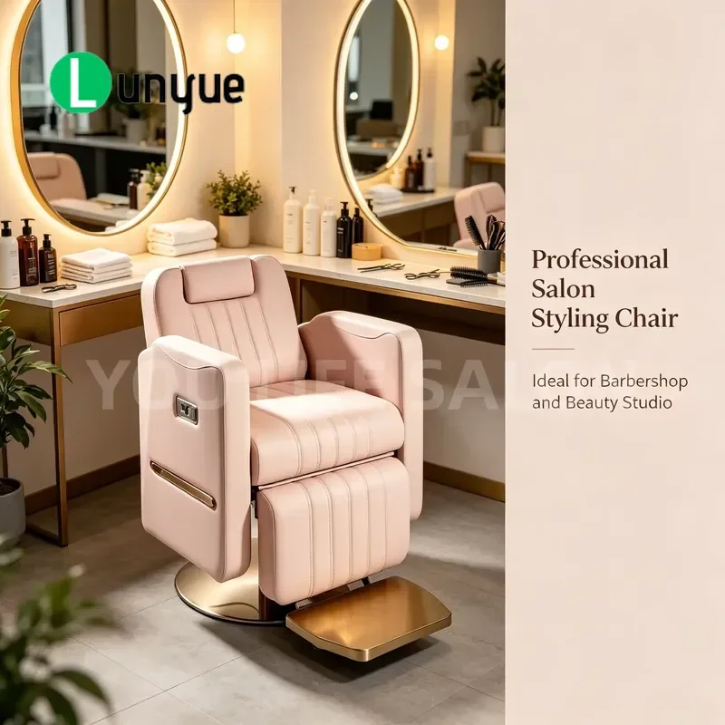 Modern Pink Vertical Stitch Barber Chair Gold Base Adjustable Tilt For Beauty Salons Spas Barber Shops Comfortable Styling