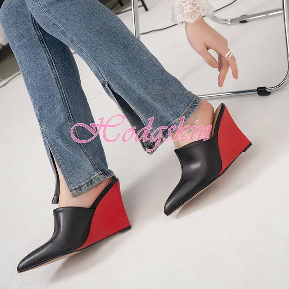 

Wedges Pointy Toe Sandals Slip On High Heels Solid Patent Leather Women Sexy Shoes Slide Sandals Summer Party Dress Large Size