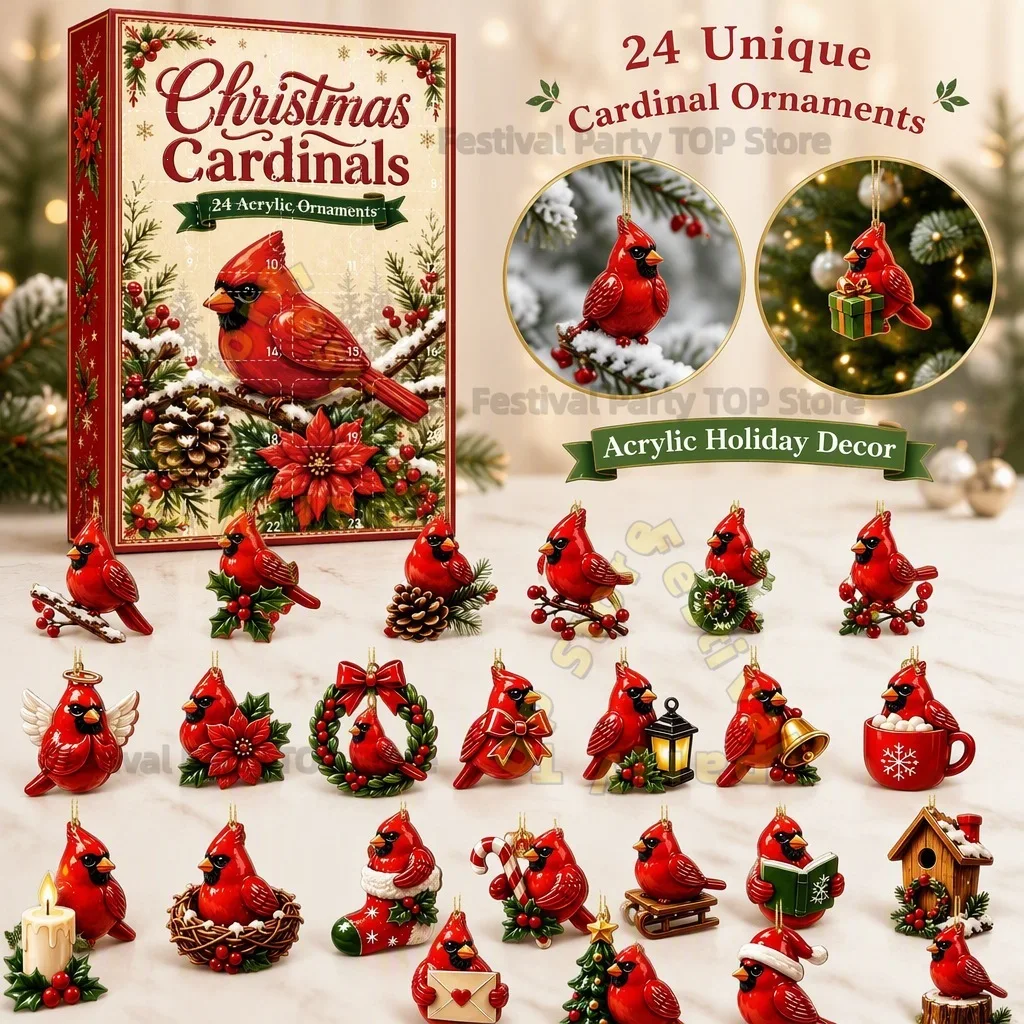 2027 Christmas Cardinals Advent Calendar 24 Pieces 2D Flat Acrylic Red Bird Hanging Ornaments Holiday Countdown Collectible Gift