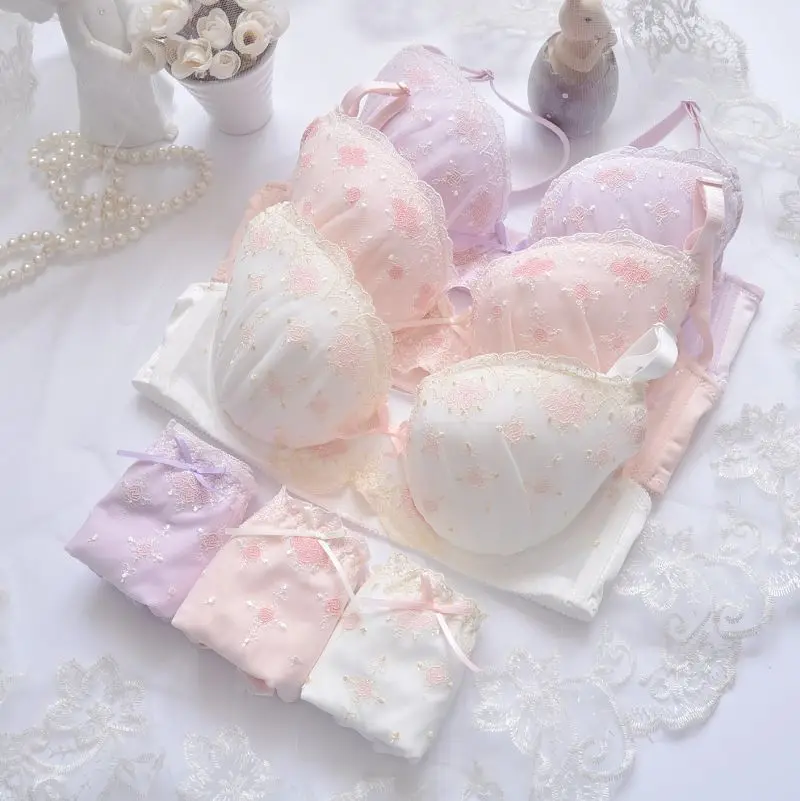 Cute Embroidered Three-Color Japanese Style Bra Set Thin Cup No Sponge Youthful Summer Underwear Cotton Pad Removable Straps