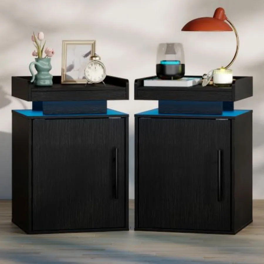 Nightstands Set of 2 with Door, Led Modern Bedside Table