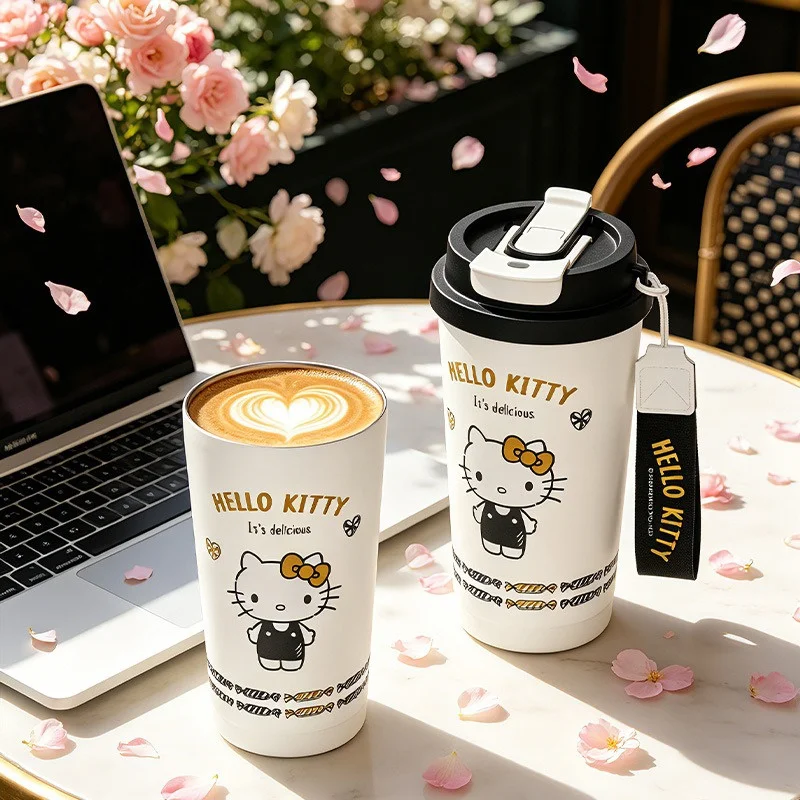 X&W Black & Gold Hello Kitty Series Insulated Cup 316 Stainless Steel Cute Vaccum Flask Cold Hot Coffee Straw Cup Exquisite Gift