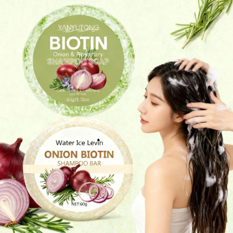 Champú de biotina y cebolla, romero, barra de jabón, champú sólido refrescante de limpieza suave y profunda del cuero cabelludo, hidratante con Control de aceite, cabello liso