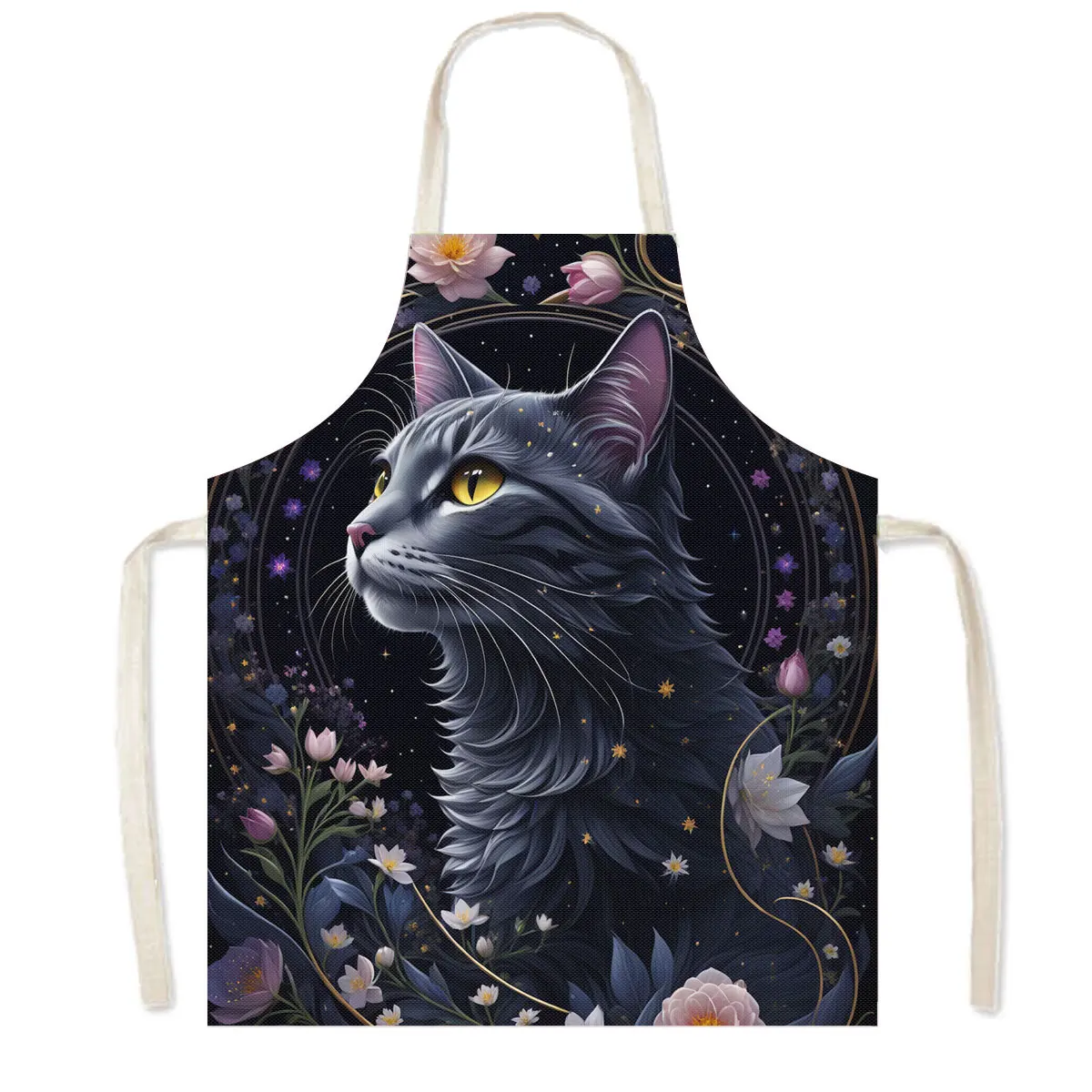 Mysterious Black Cat Print Kitchen Aprons Fantasy Pattern Children Bib Women Men Home Cleaning Clothing Tools Linen Pinafore