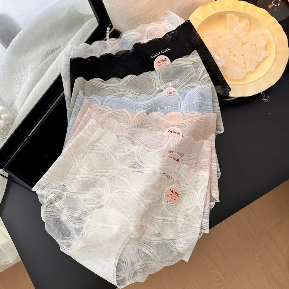 Solid Color Sweet Lace Mesh Panties Thin Mid Waist Seamless Briefs Underpants Transparent Underwear for Women Gift