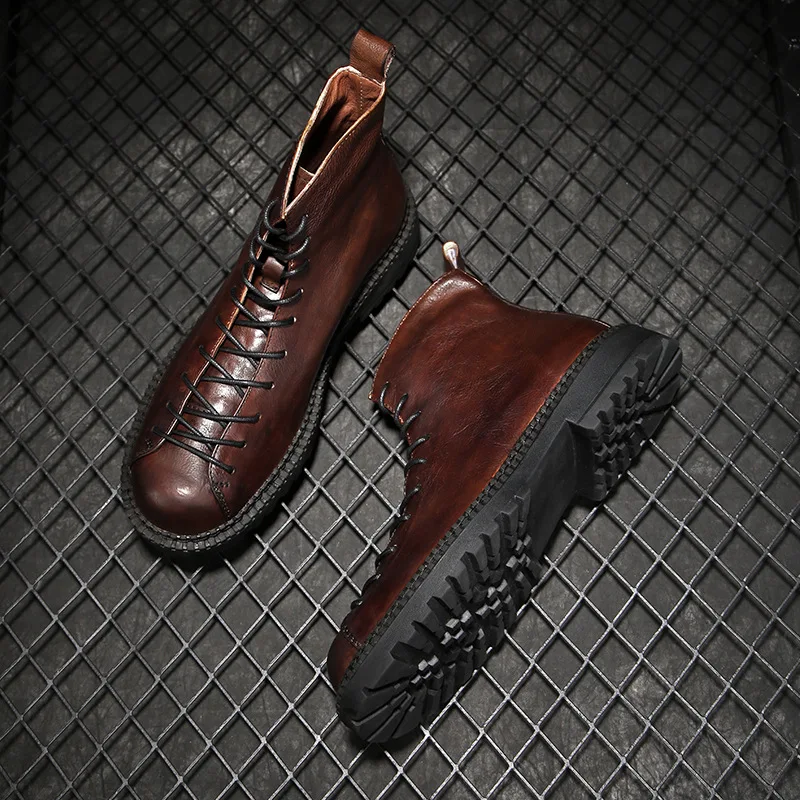 YETTIES Men's Genuine Leather High Top Work Boots, Fur Lined Winter Boots Non-Slip Sole, Breathable Retro Platform Combat Shoes