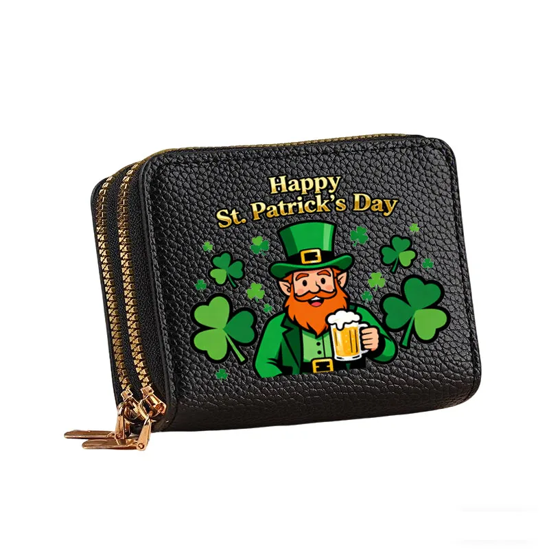 قطعة واحدة من محفظة النقود المعدنية العصرية بنمط عيد القديس باتريك بسحاب مزدوج للتخزين، حزمة بطاقات متعددة، محفظة بمقبض هدية العيد