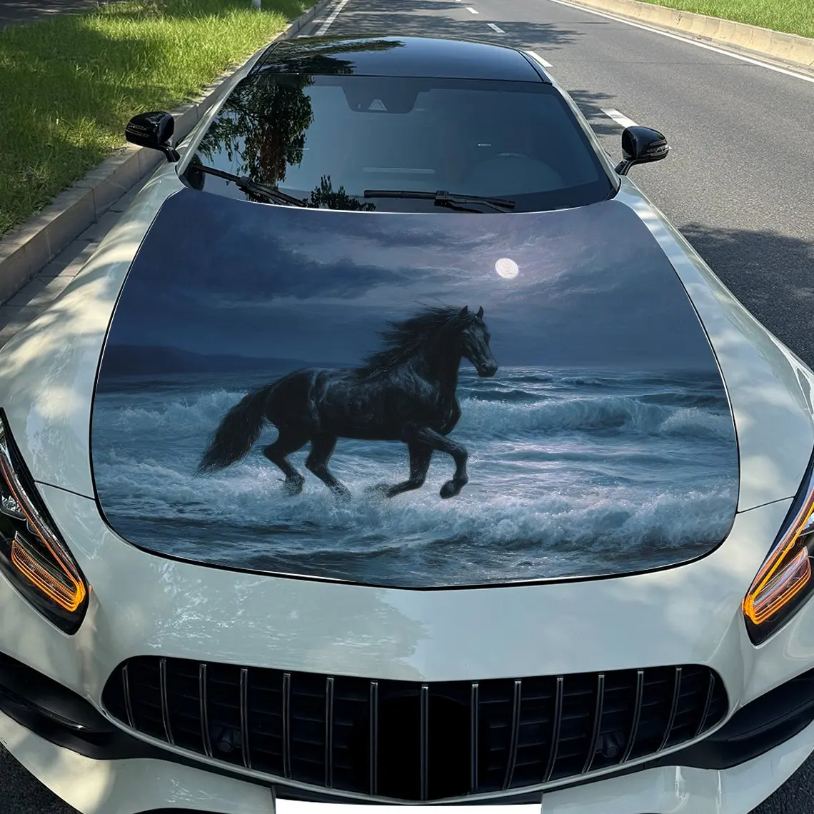 

Black Horse On The Waves Car Vinyl Wrap - Waterproof, Self-Adhesive, Scratch-Resistant Decal For Cars & Trucks, Durable Engine C