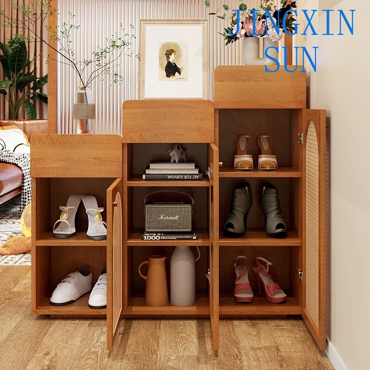 Japanese-style rattan screen partition, living room, shoe cabinet integrated solid wood locker, new Chinese-st