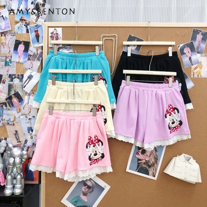 

Summer Japanese Style Sweet And Youthful High-waisted Slimming Short Pants Versatile Print Lace Spliced Wide-leg Casual Shorts