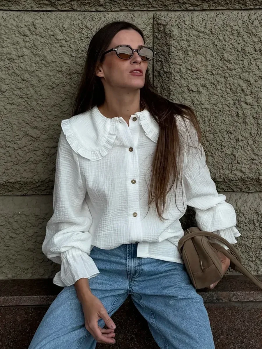 2025 Summer New Women's 100% Cotton Babydoll Collar Shirt Ruffled Lantern Sleeve White Loose Long Sleeve Blouse