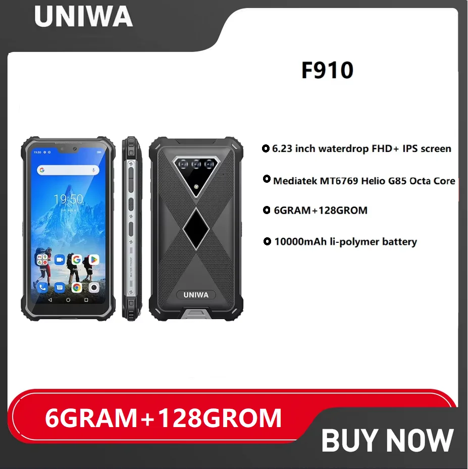 UNIWA F910 4G Robuuste smartphones Android 12 6GRAM + 128GROM 6,23 inch FHD + scherm Mobiele telefoons 10000mAh 48MP Snel opladen NFC