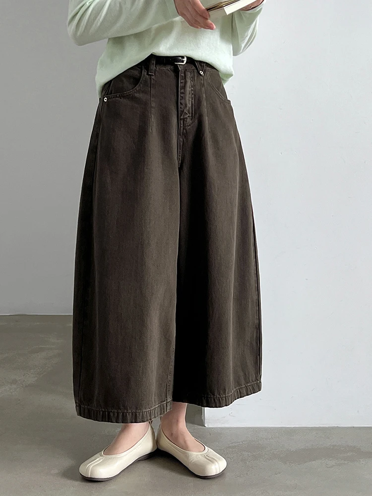 High Waist Coffee Vintage Wide Leg Calf-Length Denim Jeans Pants New Trousers Women Fashion Tide Spring Autumn