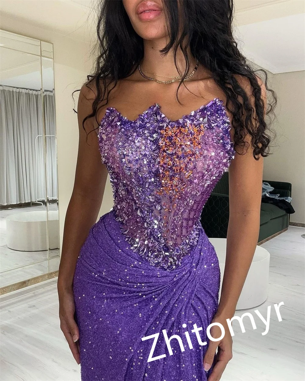 Fashion Customized Strapless A-line Anke length Prom Dresses Beading Sequins Taffeta Evening   robe femme soirée