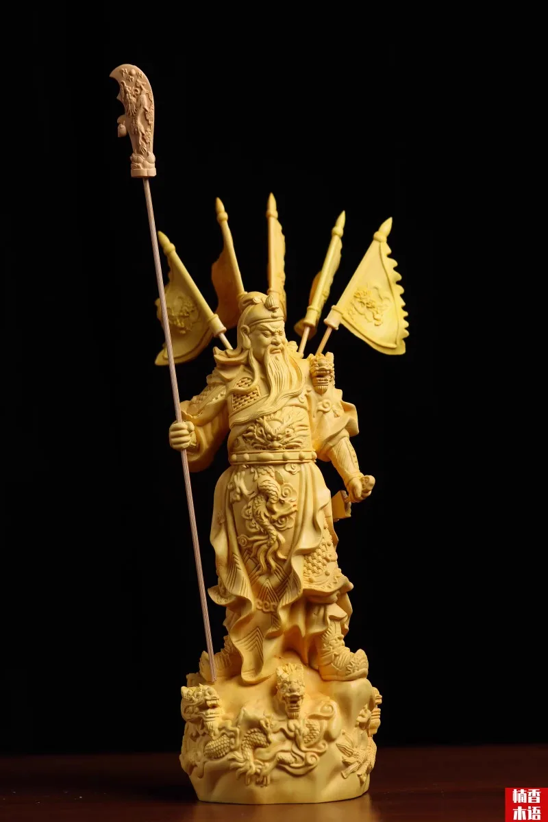 Hand Carved Wooden Guan Gong Statue Figurine w/ Five Flags - God of War Wealth Protector Ornament Home Office Shop Decor Gift - Image 3