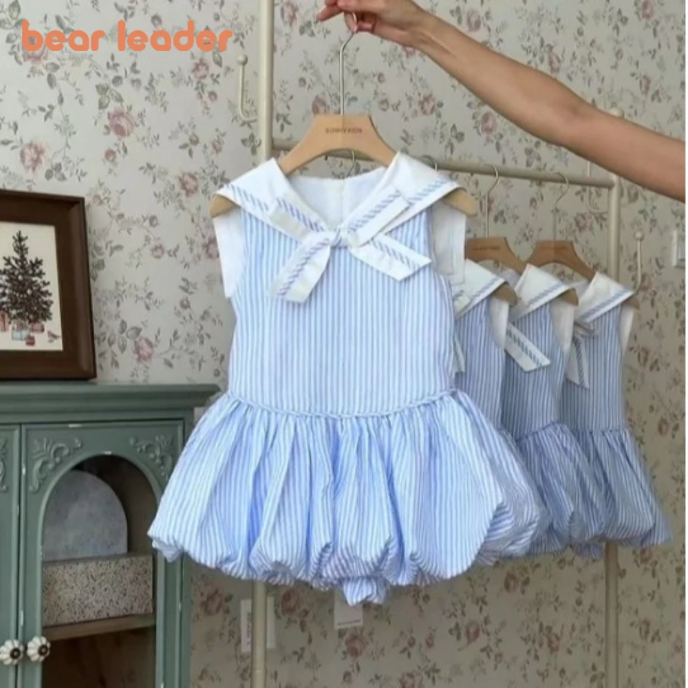 Bear Leader Summer Blue Striped Printed Princess Dress Sleeveless Collar Splicing Girls Dresses Korean Version Kids Casual Wear
