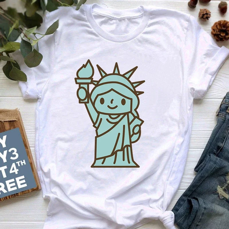 American Retro Style Funny Statue Of Liberty Design Short Sleeve T-shirt For Women New York Loose Fit Versatile Summer T-shirt