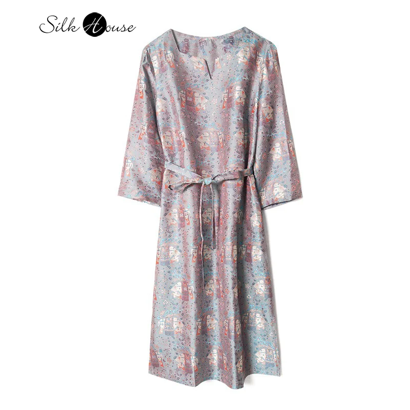 

Shiny New Chinese Elephant Print 100% Natural Mulberry Silk Shu Brocade Belt Women's Long Sleeve Autumn Fashion Dress